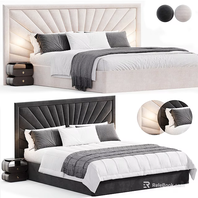 Upholstered Double Bed With Tufted Headboard Lighting Gray Throw White Sheets And Decorative Pillows 3d model