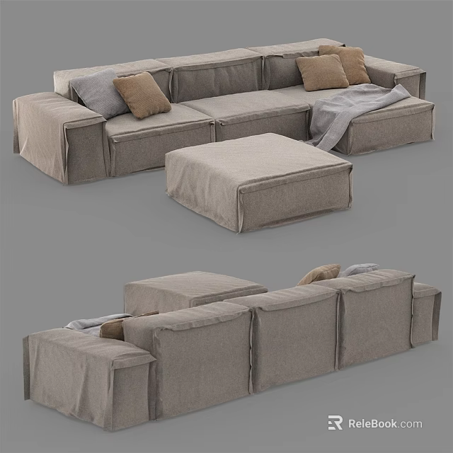 Modern L Shaped Beige Linen Sofa Set With Decorative Cushions And Ottoman 3d model 