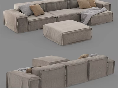 Modern L Shaped Beige Linen Sofa Set With Decorative Cushions And Ottoman 3d model