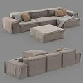 Modern L Shaped Beige Linen Sofa Set With Decorative Cushions And Ottoman