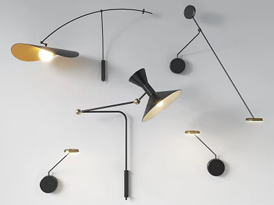 Stylish Modern Wall Lamps Featuring Curved Arms Round Bases And Gold Accents 3d model