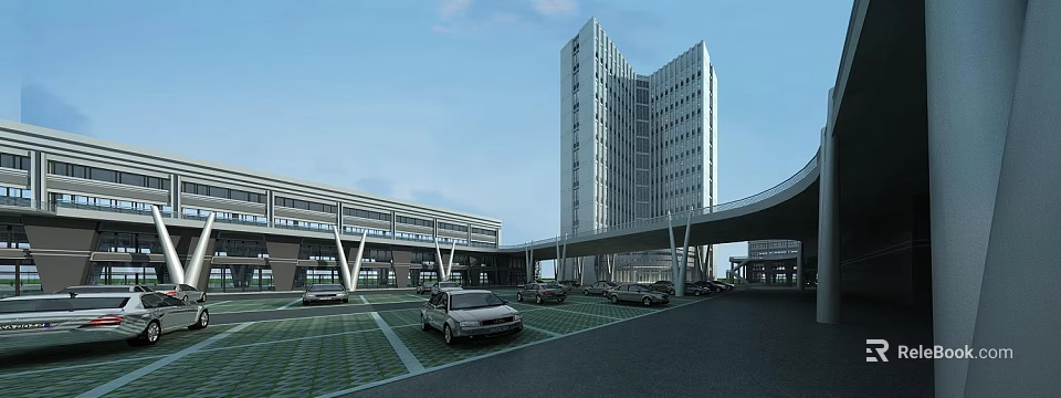 Modern Industrial Factory Building With High Rise Structure Parking Lot And Connecting Overpass 3d model 