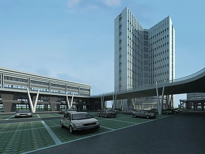 Modern Industrial Factory Building With High Rise Structure Parking Lot And Connecting Overpass 3d model