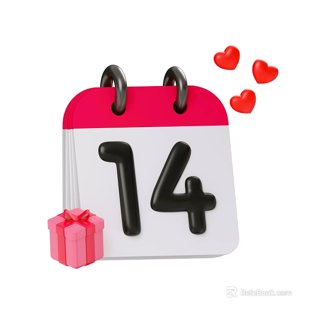 Decorative Ornament Set With Calendar 14th Gift Box And Red Hearts 3d model 