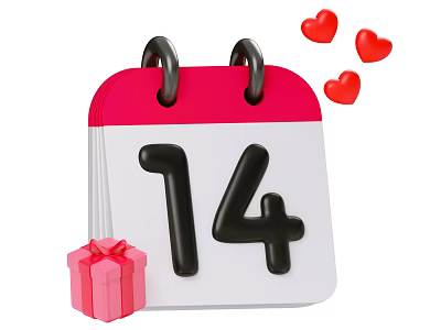 Decorative Ornament Set With Calendar 14th Gift Box And Red Hearts 3d model
