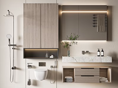 Elegant Modern Bathroom Vanity With Marble Countertop Wooden Cabinets Potted Plant And Backlit Mirror 3d model