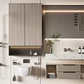 Elegant Modern Bathroom Vanity With Marble Countertop Wooden Cabinets Potted Plant And Backlit Mirror