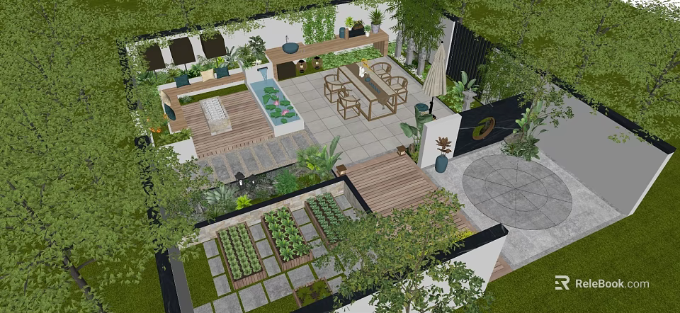 Modern Garden Landscape Design With Wooden Deck Outdoor Tables And Vegetable Beds 3d model 