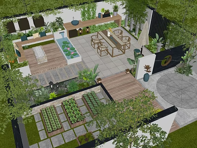 Modern Garden Landscape Design With Wooden Deck Outdoor Tables And Vegetable Beds 3d model