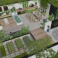 Modern Garden Landscape Design With Wooden Deck Outdoor Tables And Vegetable Beds