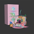 Witch Hat Girl On Pink Chair With Pink Box Moon Plant Pattern And Green Plants