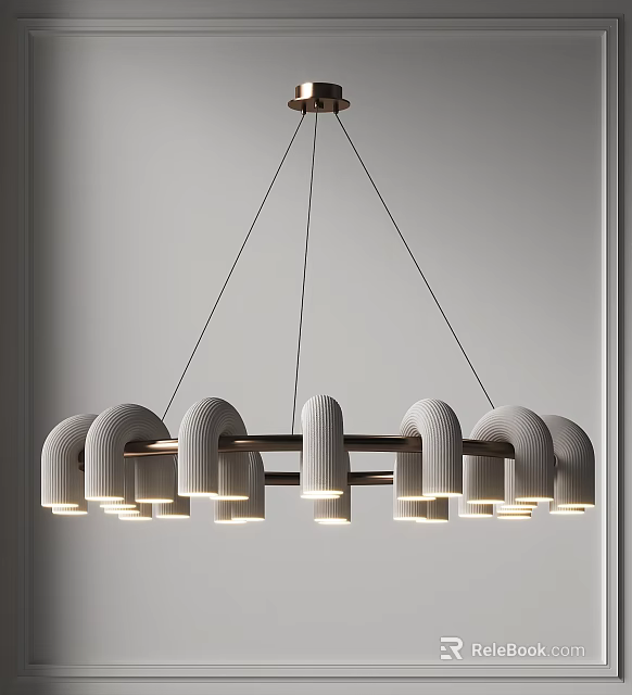 Modern Chandelier Design With Curved Light Bodies Wooden Frame And Sleek Elegant Interior Lighting 3d model 