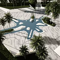 Park Landscape Design With Geometric Pavement Central Water Feature And Green Plants