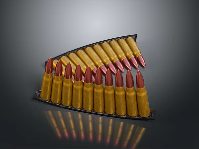 Bullets in Curved Arrangement with Golden Bodies and Red Tips on Black Holder for Weapon 3d model
