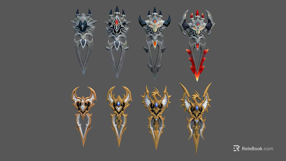Fantasy Weapon Designs Featuring Ornate Daggers With Metallic Finish And Various Styles 3d model 