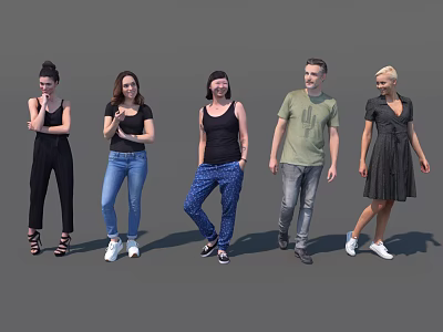 Group of Five People Standing in Various Poses With Different Casual Clothing 3d model