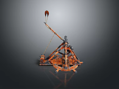 3D Rendered Ancient Weapon Trebuchet With Orange Black Arm Structure And Counterweight 3d model