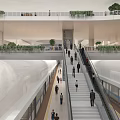 Interior View of Spacious Subway Station with Passengers Escalators Glass Walls and Benches