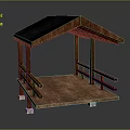 Wooden Pavilion With Blue Roof Wooden Platform Railings And Support Pillars