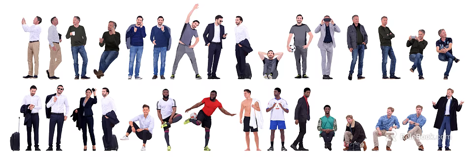 Group of Men in Various Poses and Different Outfits Standing Relaxing and Interacting 3d model 