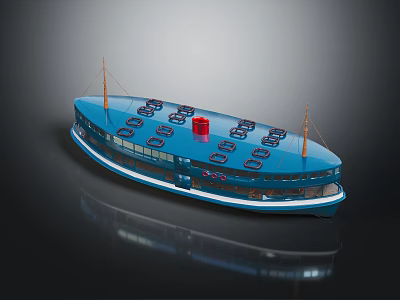 Blue Ferry With Red Chimney And Multiple Decks And Masts 3d model