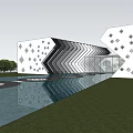 Modern Sales Office Building With Geometric Patterns Black White Stripes And Reflective Water Surface