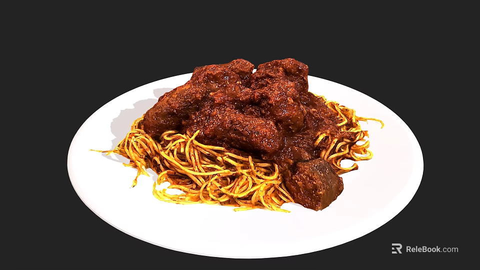 Delicious Spaghetti With Meat Chunks And Tomato Sauce On White Plate 3d model 