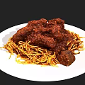 Delicious Spaghetti With Meat Chunks And Tomato Sauce On White Plate