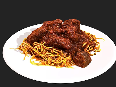 Delicious Spaghetti With Meat Chunks And Tomato Sauce On White Plate 3d model