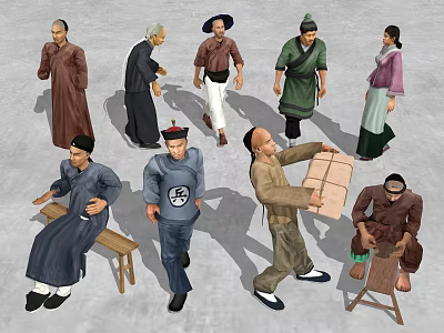 Historical People in Traditional Clothing with Various Poses Seated Standing and Tables Chairs 3d model