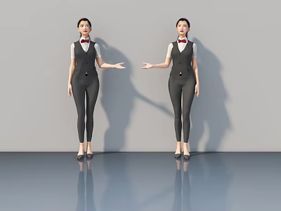 Two Women Wearing Black Uniforms White Shirts Bow Ties And High Heels On Reflective Floor 3d model