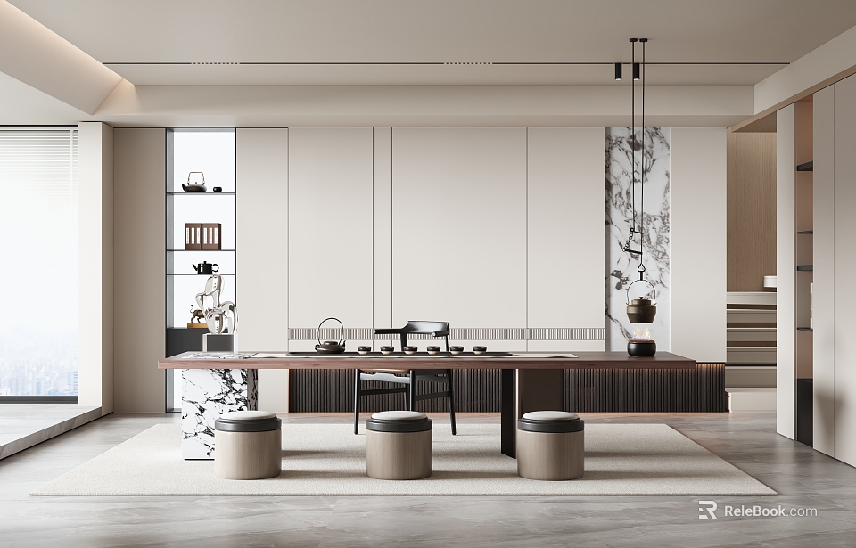 Modern Tea Room Interior Design With Long Wooden Table Round Stools And White Cabinets 3d model 