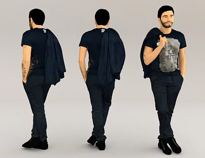 Man With Black T-shirt Draped Jacket Dark Pants Tattoos And Black Shoes In Various Poses 3d model