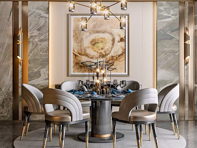 Elegant Round Dining Table Set with Six Gray Gold Chairs Marble Walls Chandelier Decorative Painting 3d model