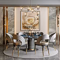 Elegant Round Dining Table Set with Six Gray Gold Chairs Marble Walls Chandelier Decorative Painting