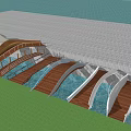 Modern Wooden And White Bridges Design With Blue Water Pool And Green Plants
