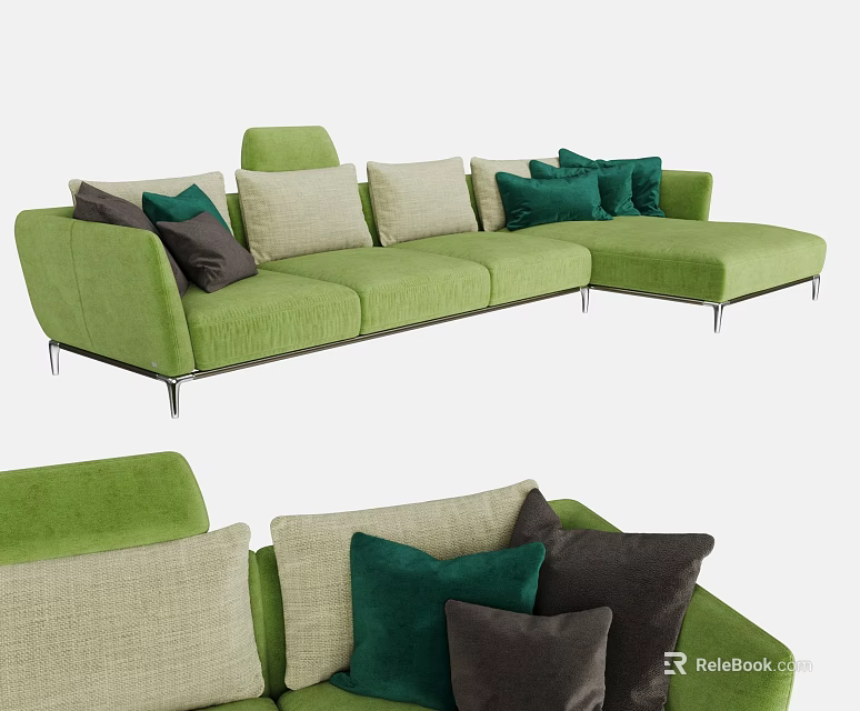 Modern Green Sectional Sofa Featuring Multi Colored Pillows And Metal Legs 3d model