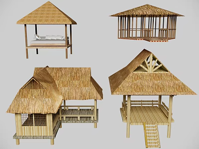 Outdoor Thatch Roof Gazebo Structures Featuring Wooden Bamboo Frames Platforms And Ladders 3d model
