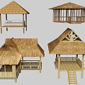 Outdoor Thatch Roof Gazebo Structures Featuring Wooden Bamboo Frames Platforms And Ladders