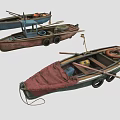 Vintage Wooden Boats With Blue Brown Red Hulls Canvas Covers Oars And Life Rings