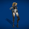 Futuristic Female Character In Black And White Armor With Blonde Ponytail And Blue Glowing Elements