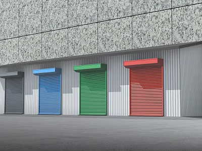 Colorful Security Booths With Gray Blue Green Red Roll Up Doors Building Exterior 3d model