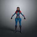 3D Sci Fi Character Model In Blue Red Costume With Helmet And Standing Pose