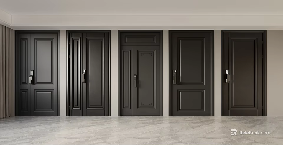 Black Security Doors in a Row with Modern Design Sturdy Handles and Secure Locks 3d model