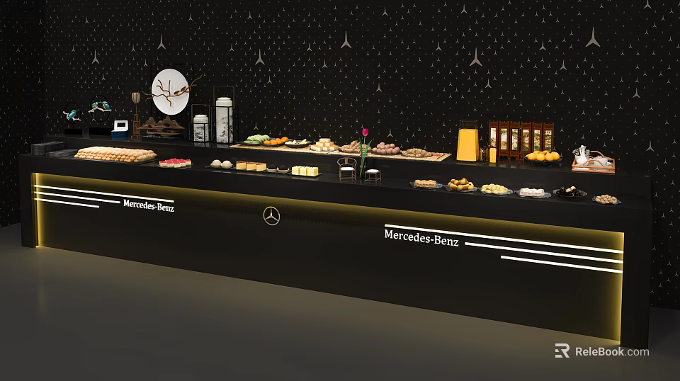 Mercedes Benz Themed Buffet Table With Black Wall Star Patterns Circular Decoration And Various Foods 3d model 
