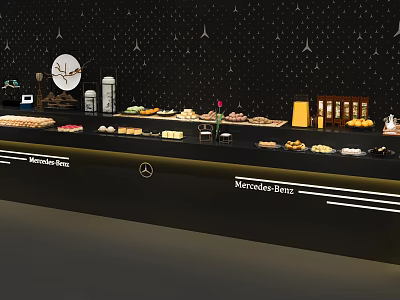 Mercedes Benz Themed Buffet Table With Black Wall Star Patterns Circular Decoration And Various Foods 3d model