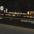 Mercedes Benz Themed Buffet Table With Black Wall Star Patterns Circular Decoration And Various Foods