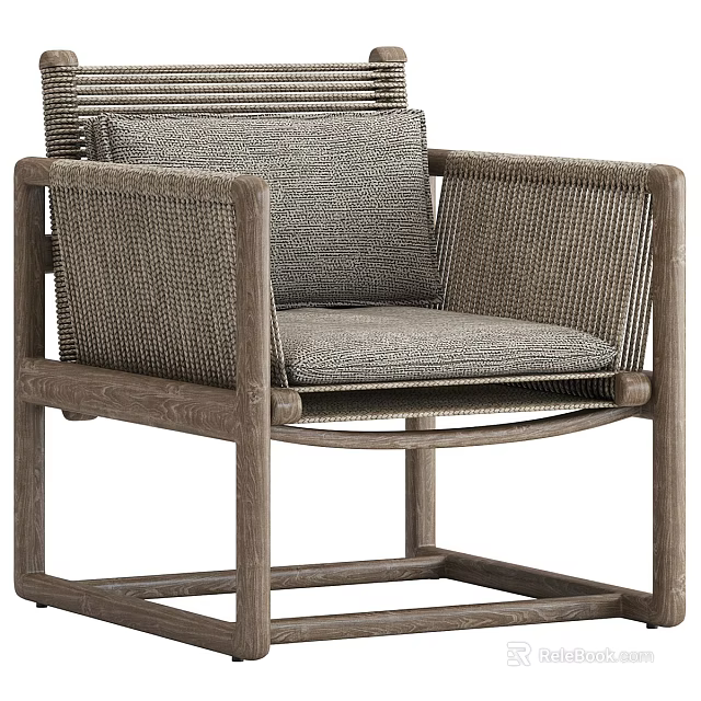 Weathered Solid Wood Woven Armchair With Soft Fabric Cushions For Cozy Living Room Use 3d model 