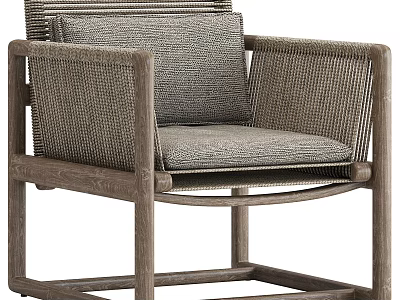 Weathered Solid Wood Woven Armchair With Soft Fabric Cushions For Cozy Living Room Use 3d model