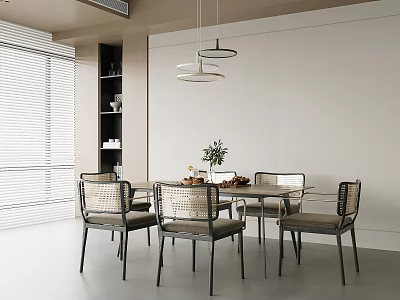 Modern Minimalist Restaurant Dining Area With Wooden Table Woven Chairs And Pendant Lights 3d model